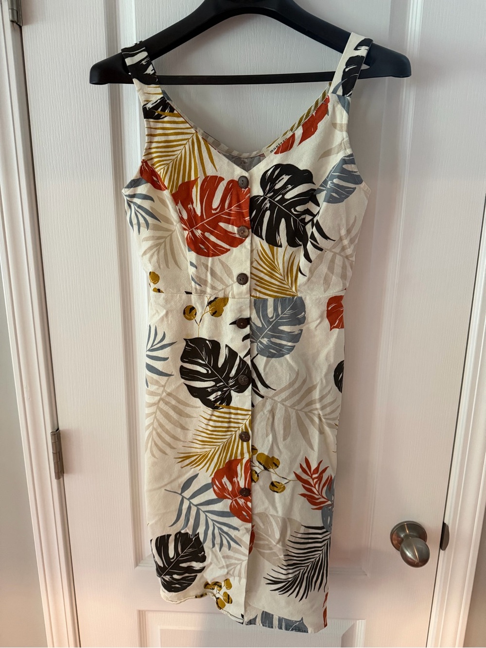 Monteau Cream Midi Dress linen/ rayon Leaf Print